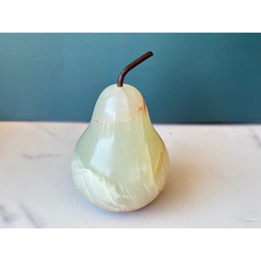 Vintage Hand Carved Onyx Stone Pear Figurine Green Alabaster Marble Fruit Decor